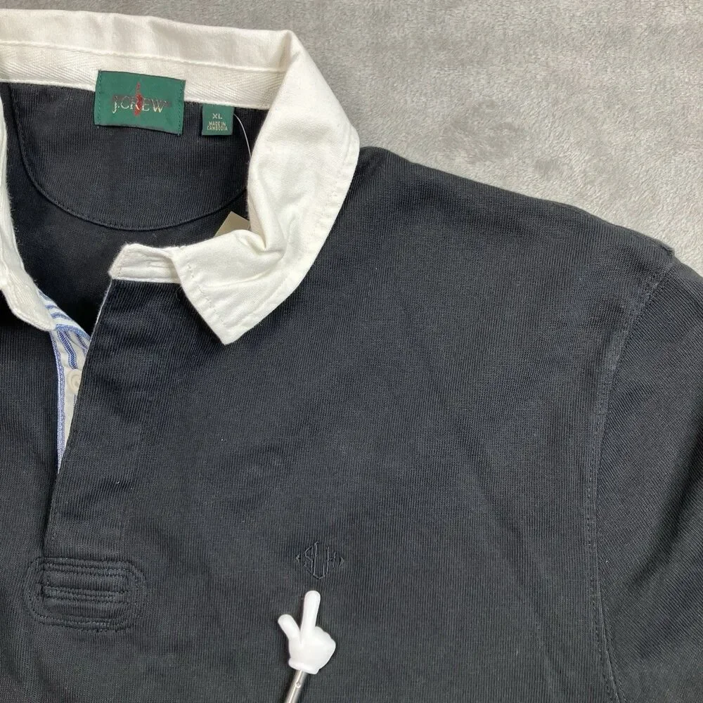 J CREW Rugby Polo Shirt Mens XL Striped placket Black Preppy Blokecore